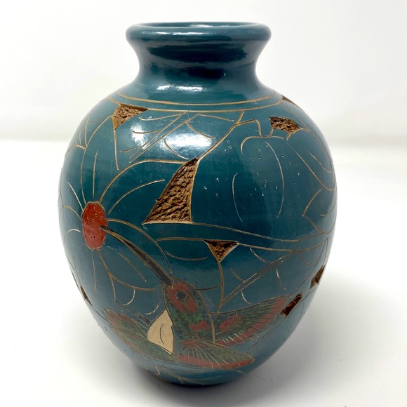 Costa Rica Pottery Vase Floral & Hummingbirds
